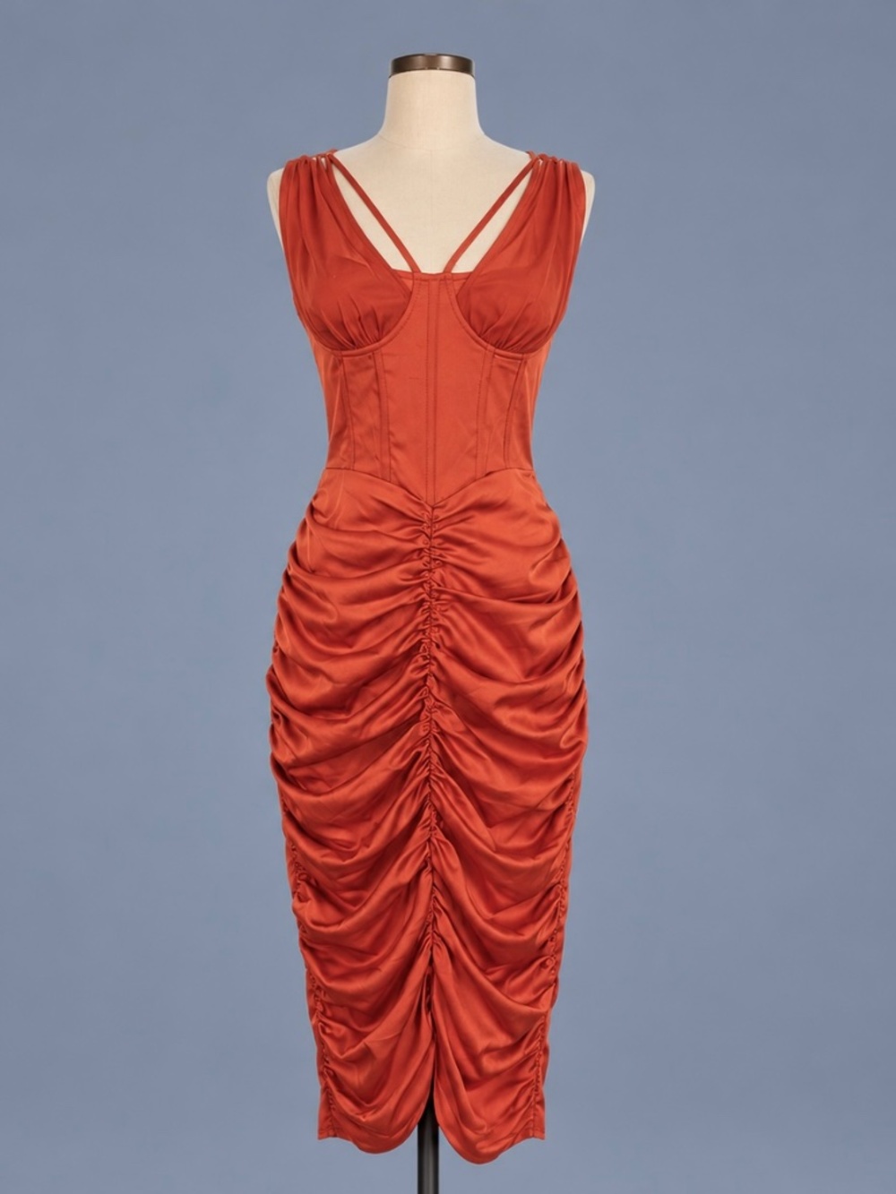 PrettyLittleThing Rust Satin Ruched Corset Midi Dress – Size 8 NWT